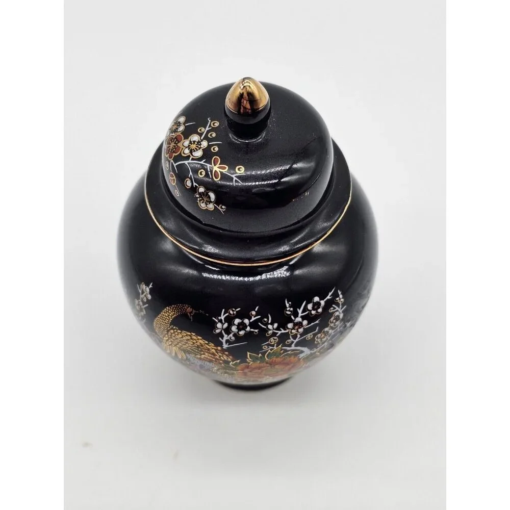 Asahi Japan Vase Black Floral Porcelain Peacock Ginger Jar Urn with Lid